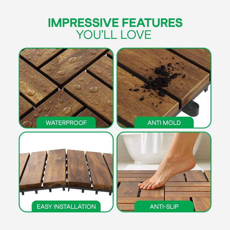 Idzo Interlocking Deck Tiles 9.6 SQFT - 10PCS Waterproof Acacia