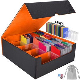 AFIING Mtg Card Storage Box for Trading Cards with Card Supports, 3000+ Capacity MTG Deck Box, 48 Divider Tabs, Mtg card box storage Fits YuGiOh, MTG, and Sports Cards (Black/Orange)