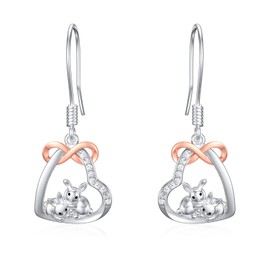 LONAGO Rabbit Earrings 925 Sterling Silver Cute Two Bunny in Heart Dangle Earrings Jewelry for Women
