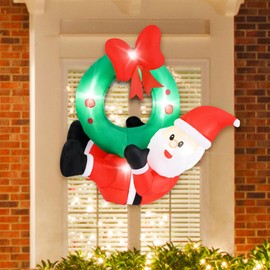 COSTWAY 120 cm Inflatable Decoration Christmas, LED Santa Claus with Wreath, Inflatable Santa Claus, Christmas Decoration Wall Outdoor