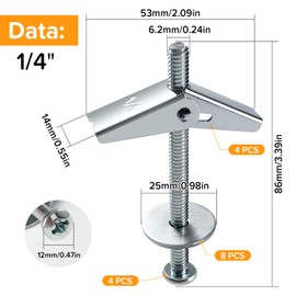 Lyeteung 4 Sets 1/4 Inch Spring Toggle Fixings, Wing Spring Toggle Bolt, Toggle Bolt and Wing Nut Assortment Kit, with Washers, for Plasterboard, Cavity Wall, Fibreboard