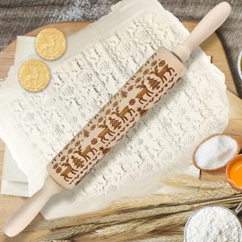 Embossed Rolling Pin Christmas Rolling Pins, 3D Wooden Engraved Rolling Pin Snowflake Elk Deep Laser Engraved Rolling Pin DIY Tool for Kids and Adults to Make Cookie Dough Crusts Pies Pastry (Deer)
