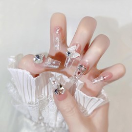 ハートリボンネイルチップ 24枚セット 3Dスパンコールデコレーション 繰り返し使えるリムーバブル式 パーティー/デート/結婚式用 大人かわいい スワロフスキー風光沢