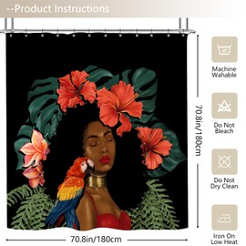 Albodanl African Black Girl Shower Curtain Parrot Flower Vintage Floral Woman Queen Tropical Green Palm Boho Shower Curtain for Bathroom Decor with Hooks 72 x 72 inches