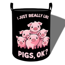 amepay Funny Pig Laundry Basket, Playful Farm Animal Foldable Oxford Cloth, Waterproof Dirty Clothes Hamper with Handles, Clothing Storage Bucket Organizer for Bathroom Bedroom Dorm, 19.7"x15.7"