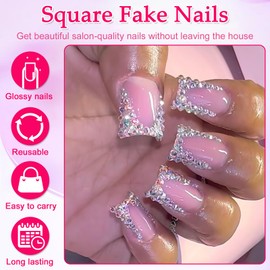 24 Pcs French Press on False Nails Short Square, Glitter Pink Fake Nails with Rhinestones, Solid Color Elegant Glue on Nails in 12 Sizes, Ballerina Acrylic Stick on Nail for Women and Girls Daily Wear