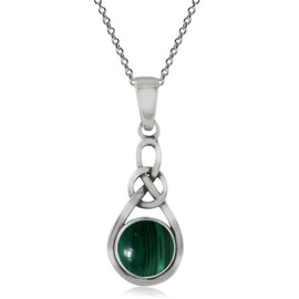 Silvershake 6MM Genuine Gemstone Irish Celtic Knot Drop Pendant with 18 Inch Necklace, created malachite,