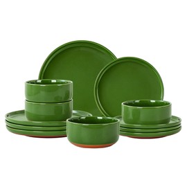 GZG Modern Art Series - 12 Pcs Speckled Stoneware Plates and Bowls Sets, Ceramic Dinnerware Set with Rustic Terracotta Underside, Microwave and Dishwasher Safe Handcrafted Dishes Set - Verdant Green
