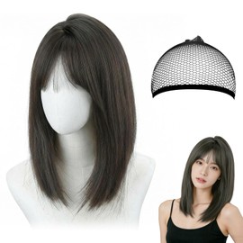 Full Wig, Medium Wig, With Net, Semi-Long, Natural Wig, Women's, Straight, Straight Bangs, Women's Clothes, Regular Use, Heat Resistance, Heat Resistance, Minimizes Fatigue Face, Smooth, No Bares