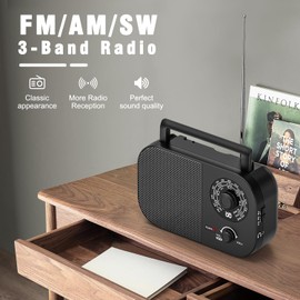 Tendak Portable Radio AM FM SW, Shortwave Radio with Loud Speaker, Transistor Antenna, Headphone Jack and Large Tuning Knob, Battery Powered or Plug in Wall for Home Outdoor Emergency - Black
