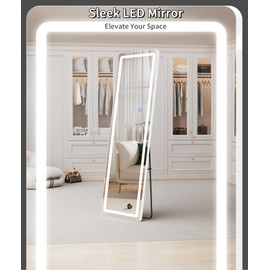 Koonmi LED Full Length Mirror, 56"x20" Full Length Mirror with Lights, Lighted Floor Mirrors with Stand, Full Body Mirrors with Dimming & 3 Color Lightingfor Living Room Cloakroom, White