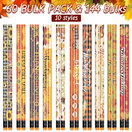 Pajean 144 Pcs Thanksgiving Pencils Bulk Wooden Fall Themed Pencils with Erasers, Gift for Thanksgiving Day Class Reward Gift Prize