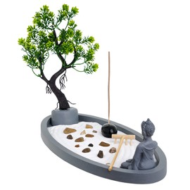 London Boutique Zen Garden Thai Buddha - Incense Holder - White Sand - Decorative Stones - Wooden Shovel - Oval Base