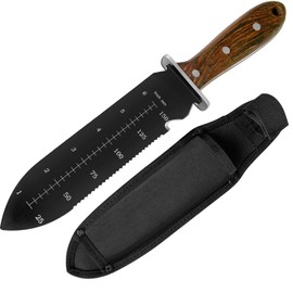 UBGN Hori Hori Garden Knife with Oxford Sheath | Garden Tools for Weeding Plantin Digging | 7" Stainless Steel Blade with Cutting Edge | Walnut Wood Handle