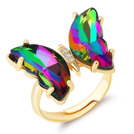 MISS RIGHT Butterfly Crystal Ring for Women Trendy: 18K Gold Plated Vintage Boho Cute Finger Knuckle Adjustable Chunky Rainbow Butterfly Rings Aesthetic
