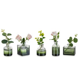 Glasseam Green Glass Bud Vase: Mini Small Vases for Centerpieces Cute Flower Vase Set of 5 Tiny Vases for Flowers Decorative Centerpiece Vases for Table Decor Wedding Party Dining Room Decoration