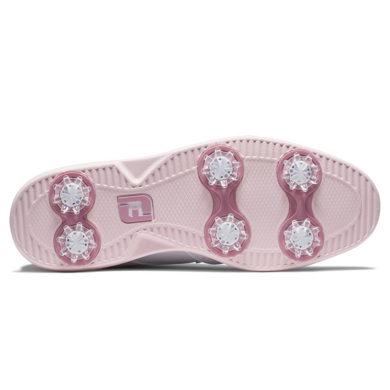 FootJoy Women's Traditions Shield Tip Golf Shoe, White/White/Pink, 8
