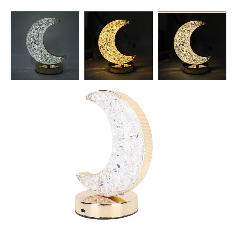 Bedside Table Lamp Crystal Moon Shape Cordless Rechargeable Long Touch