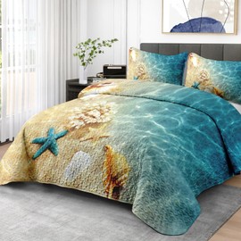 Pamnest Quilt Set Twin Size, Summer Beach Seashell 2 Pcs Soft Bed Cover Bedding Set for Kids and Adults, Blue Ocean Sea Shell Lightweight Bedspread Coverlet with Pillow Sham for All Season