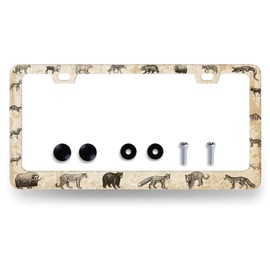 Vintage Animals License Plate Frame Animal Bear Tiger Wolf License Plate Holder Stainless Steel Funny License Plate for USA Canada 6.3" X 12.3" with 2 Holes and Screws