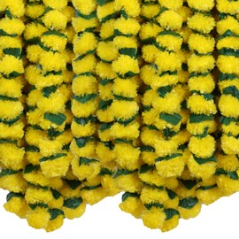 Marubhumi Artificial Marigold Flower Strands Garland for Diwali Decor,5 Feet Long Strands, Garland for Decoration, Diwali Decorations for Home, Christmas Decor Wedding Decor, Yellow & Green- 5 PCS