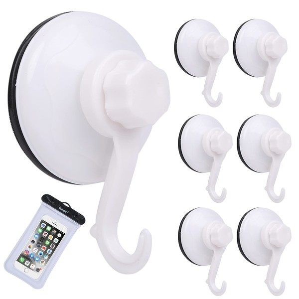 Umineko Bathtub, Kitchen, Wall Hooks, Set of 6, Load Capacity 24.3 lbs (11 kg), Super Strong Suction Cup with Vacuum Screw-in Type, Bath
