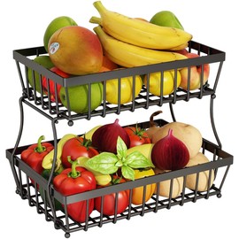 LANDTOM® 2 Tier Black Countertop Fruit Basket Bowl for Kitchen Metal Wire Storage Rack Fruits Stand Holder Organizer for Bread Snack Veggies