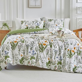 Lekesky Cotton Duvet Cover Queen Size, 100% Cotton Reversible Green Floral Duvet Cover Set with Zipper, Soft and Breathable 3 Pieces White Bedding Set Queen Comforter Cover (Queen, 90"x90")