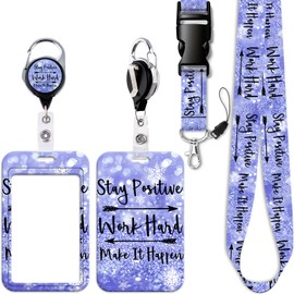Purple Teachers ID Lanyard Card Holder with Retractable Heavy Duty Badge Holder Reel Clip Cute Neck Lanyard Strap for Keys for Women Men Girls Nurses Preppy School Reel ID Holder(Positive Quote)