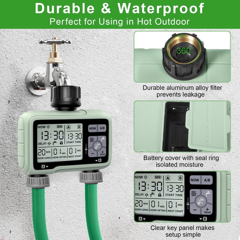 Irrigation Computer with 2 Independently Controlled Outputs, Digital Watering Timer