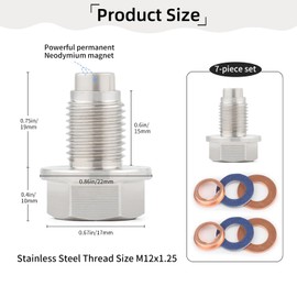 M12 x 1.25 Magnetic Oil Drain Plug, Stainless Steel Engine Drain Bolt with 6Pcs Washers, Fits Toyota Corolla Camry RAV4 Tacoma Prius, Lexus Nissan Infiniti, Replaces 90341-12012