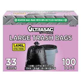 Ultrasac 33 Gallon Trash Bags - (Huge 100 Pack/w Ties) - 39" x 33" Heavy Duty Large Professional Quality Black Garbage Bags - Extra Strong Plastic Trashbags for Home, Kitchen, Lawn, and Other