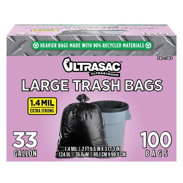 Ultrasac 33 Gallon Trash Bags - (Huge 100 Pack/w Ties) - 39" x 33" Heavy Duty Large Professional Quality Black Garbage Bags - Extra Strong Plastic Trashbags for Home, Kitchen, Lawn, and Other