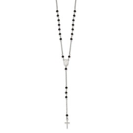 Solid 925 Sterling Silver Black Beaded Rosary with 1.25in .Extension Necklace Chain - with Secure Lobster Lock Clasp 19" (Width = 3mm)