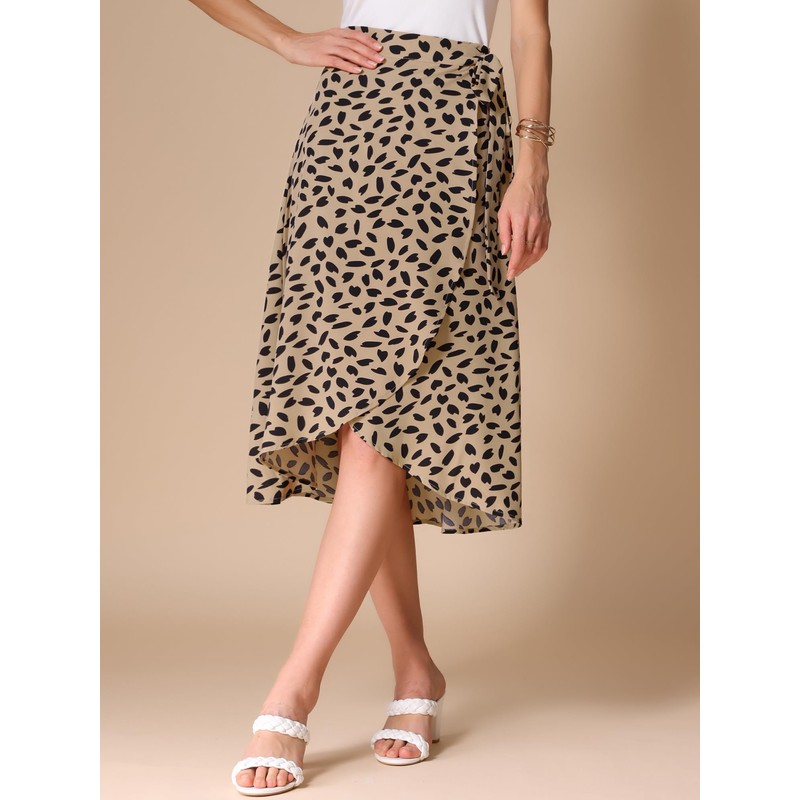 Allegra K Women's Printed Midi Skirt Tie Front with Slit