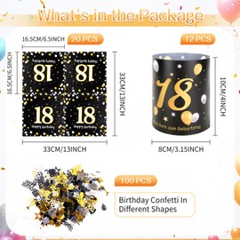 18th Birthday Decorations, 20 Pcs 18th Napkins + 12 Pcs Lantern Table Decoration + 100 Pcs Confetti, Happy 18th Birthday Table Decorations, Black And Gold Birthday Party Supplies