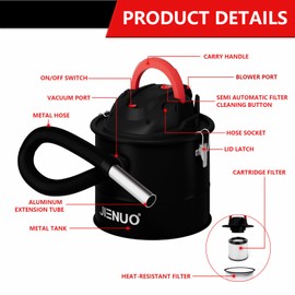 JIENUO Ash Vacuum Cleaner, with Semi Auto Filter Clean and 1000W Powerful Suction, 4 Gallon Ash Vac with Blower Function for Fireplaces, Pellet Stoves, Fire Pits and Grills