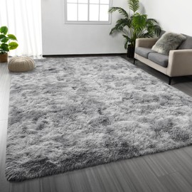 Deerhoo Large Shag Area Rugs 5 x 8, Tie-Dyed Plush Fuzzy Rugs for Living Room, Ultra Soft Fluffy Furry Rug for Bedroom, Indoor Carpet Nursery Rugs for Kids Room Home Decor, Light Grey