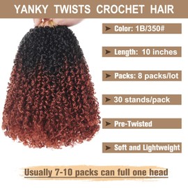 COOKOO 10 Inch Pre-looped Yanky Twist Crochet Hair 8 Packs Ombre Ginger Spring Twists Hair Senegalese Twist Crochet Hair with Curly Ends Curly Synthetic Crochet Braids Hair 1B/350#