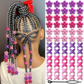 NAISKA 60Pcs Hot Pink Flower Hair Beads for Kids Purple Beads for Hair 3 Color Hair Beads for Braids Small Pony Dreadlock Beads Acrylic Beads Girls Braid Clips Accessories