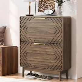 Algherohein Shoe Storage Cabinet with Hand-Carved Raised Embossed 2 Flip Drawers,Narrow Shoe Cabinet Storage for Entryway, Freestanding Shoe Organizer Cabinet, Slim Shoe Rack Cabinet (Walnut)