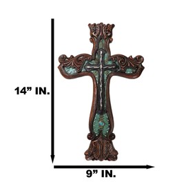 Ebros Gift Rustic Western Faux Wood Carving Botanica Floral Scroll With Layered Barbed Wires Wall Cross Decor Plaque Figurine Inspirational