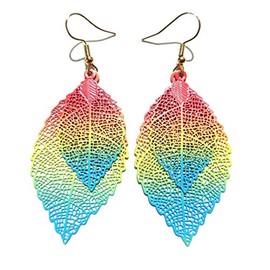 Neon Rainbow Leaf Earrings metal skeletal filigree vein cut out hollow bright ombre tree leaves