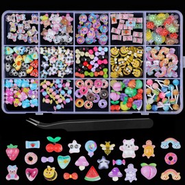 editTime 3D Mix Assorted Color Nail Art Charms Kit, Resin Flower Heart Star Bow Rainbow Candy Bear Bee Fruit Hollow Pearl Nail Decoration with Pickup Tools for Craft DIY (C1-15Grids-cute)