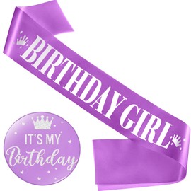 Yaomiao Birthday Sash for Women Birthday Sash Birthday Party Decorations and It's My Birthday Button Glittery Metal Rose Pin Its My Birthday Pin Rosegold Birthday Badge for Party Decoration (Purple)