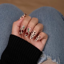 KQueenest French Tip Press On Nails Almond Medium, Bold Leopard Print Nails Press ons, 3D Cherry Full Cover Brown Cheetah Fake Nails With Glue, Cute Coquette Reusable Glue on Nails for Women 24 Pcs
