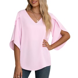 Jouica Elegant Casual Dressy Tops for Women Night Out 3/4 Sleeve Business Chiffon Blouse,01Light Pink,Large
