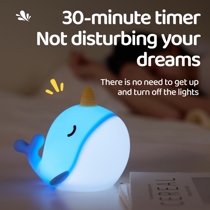 faralite Cute Whale Night Light, Soft Narwhal Silicone LED Night