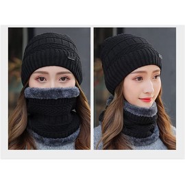 Foryo Winter Warm Hat Beanie Scarf Set Wool Knitted Hat Winter Hat and Loop Scarf with Thick Fleece Lining for Men and Women, black