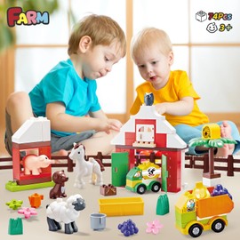 Building Blocks for Toddlers 1-3-5, Farm DIY Big Classic Building Bricks Toys Set for Kids Ages 2-4-5-8 With Barn, Animals, Truck, Compatible With All Major Brands, Gift Toy for 3-5 Boys Girls 74 Pcs